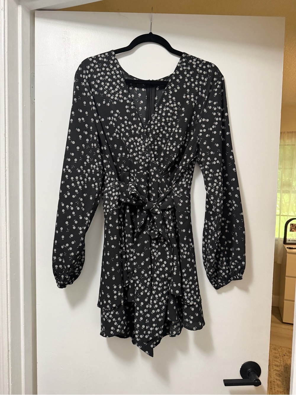 Black Polka Dot Long-Sleeve Wrap Romper